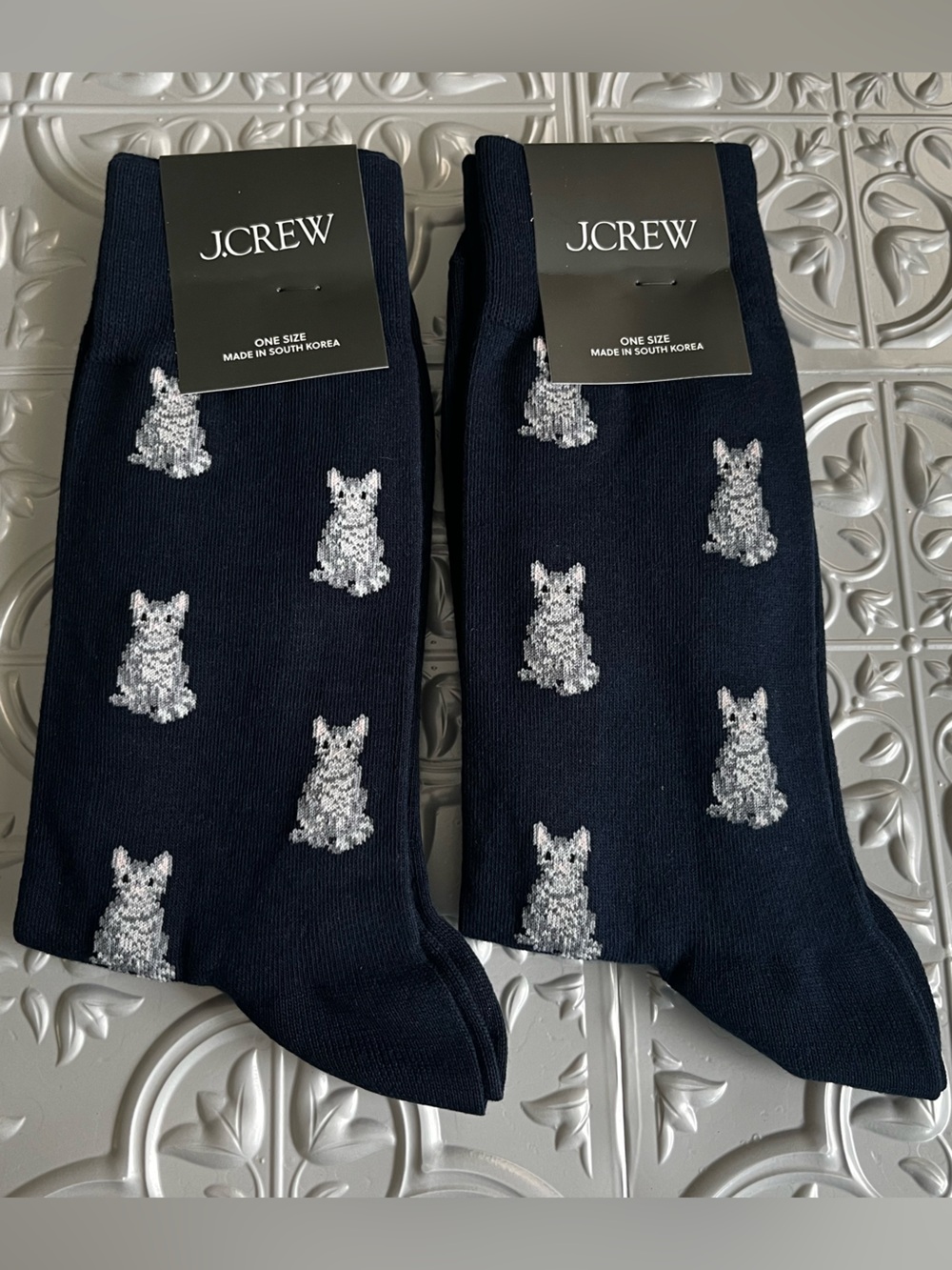 J Crew Men's Cats Graphic Allover Print Socks Holiday Blue Cotton Blend Set of 2
